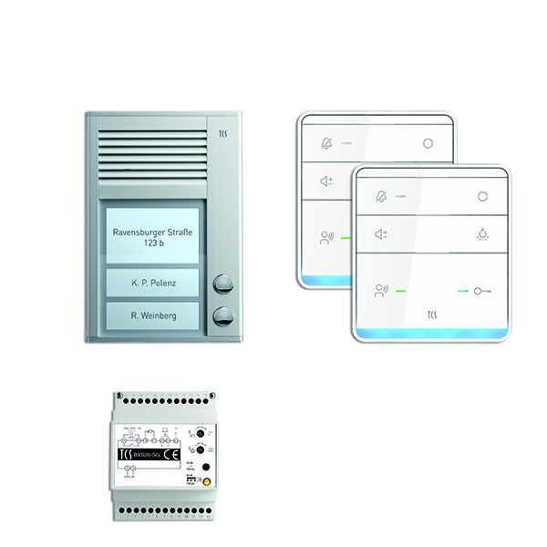 Ljud från TCS-dörrkontrollsystem: paket AP för 2 bostäder, med utomhusstation PAK 2 klockknappar, 2x handsfree-högtalare ISW5010, styrenhet BVS20, PSC2320-0000