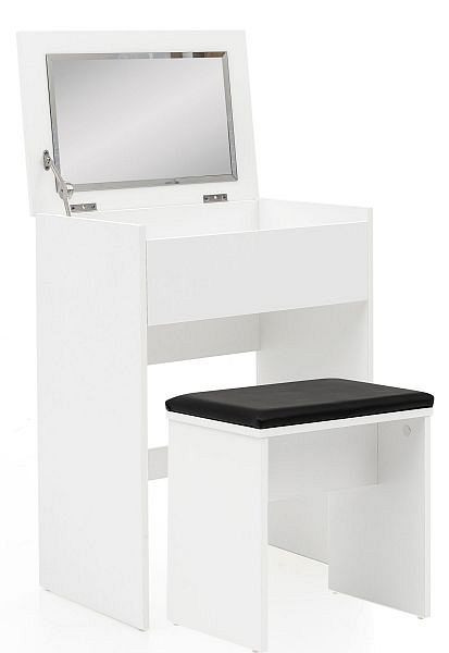 Wohnling sminkbord 60x81x40 cm vitt konsolbord modernt trä, kosmetikabord med pall och spegel, vitt sminkbord med hopfällbart fack, WL5.730