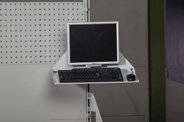 KLW universal-/laptophylla, hyllstorlek 400 x 300 mm B x D, med upphöjd kant med svängarm av aluminium, silverfärgad, VESA-fäste, ABC-SA2-LTAB-01