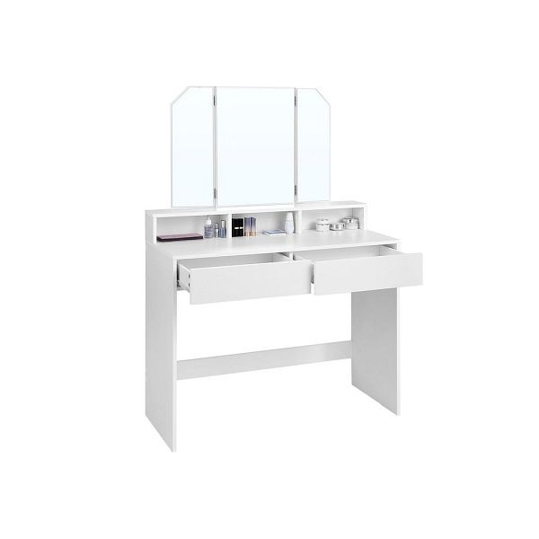 VASAGLE sminkbord med hopfällbar spegel och 2 lådor vit, RDT115W01