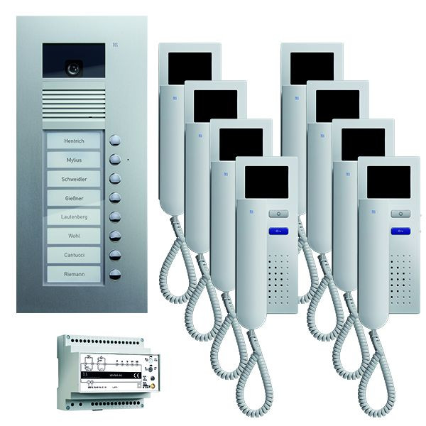 TCS dörrkontrollsystem video: pack upp för 8 bostäder, med ytterdörrstation AVU 8 klockknappar, 8x videodörrstelefon IVH3222, kontroll, PVU1680-0010