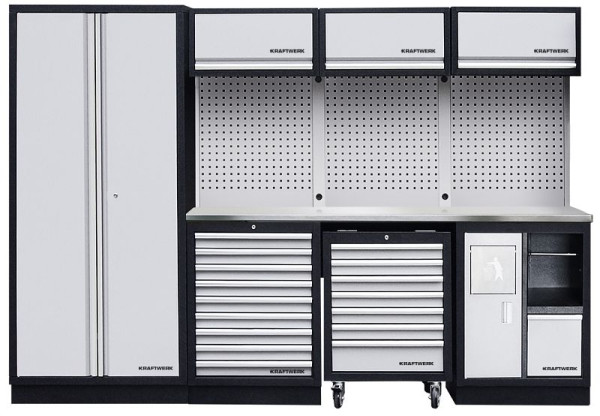 Kraftwerk MOBILIO 4-elements verkstadsskåpssystem inkl. Rullskåp och rostfri bänkskiva i inox, med fyrkantig perforerad vägg, 3964DIX
