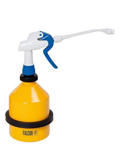DENIOS sprayburk av stål, med sprayfäste och integrerad pumpmekanism, gul