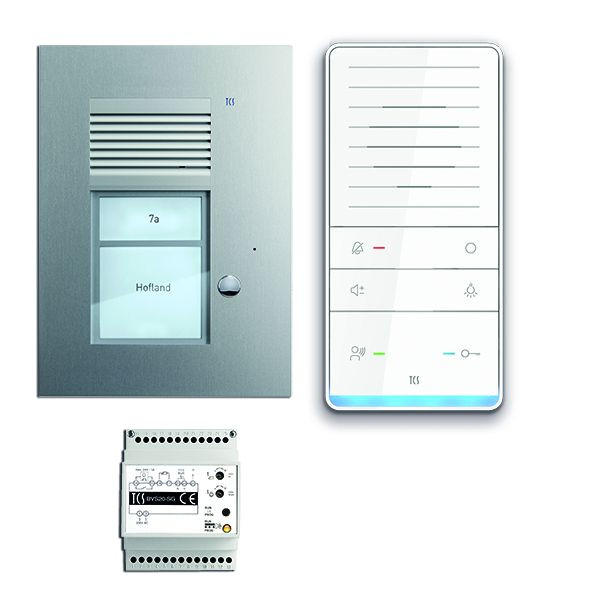 Ljud från TCS dörrkontrollsystem: pack upp för 1 bostadsenhet, med utomhusstation PUK 1 klockknapp, 1x handsfree högtalare ISW5031, styrenhet BVS20, PAUF011 / 001