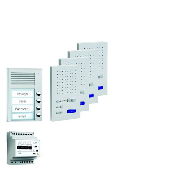Ljud från TCS-dörrkontrollsystem: paket AP för 4 bostäder, med utomhusstation PAK 4 klockknappar, 4x handsfree-högtalare ISW3030, styrenhet BVS20, PPAF04-EN / 02