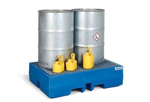 DENIOS spillpall PolySafe ECO tillverkad av polyeten (PE), med galvaniserat galler, för 2 fat à 200 liter vardera, 162-287