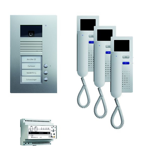 TCS dörrkontrollsystemvideo: pack upp för 3 bostäder, med AVU-dörrstation 3 klockknappar, 3x videodörrstelefon IVH3222, kontroll, PVU1630-0010