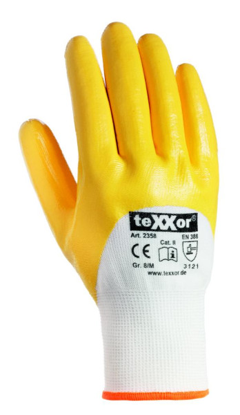 teXXor stickade handskar i polyester NITRILBELÄGD, storlek: 8, färg: vit/gul, förpackning: 144 par, 2358-8