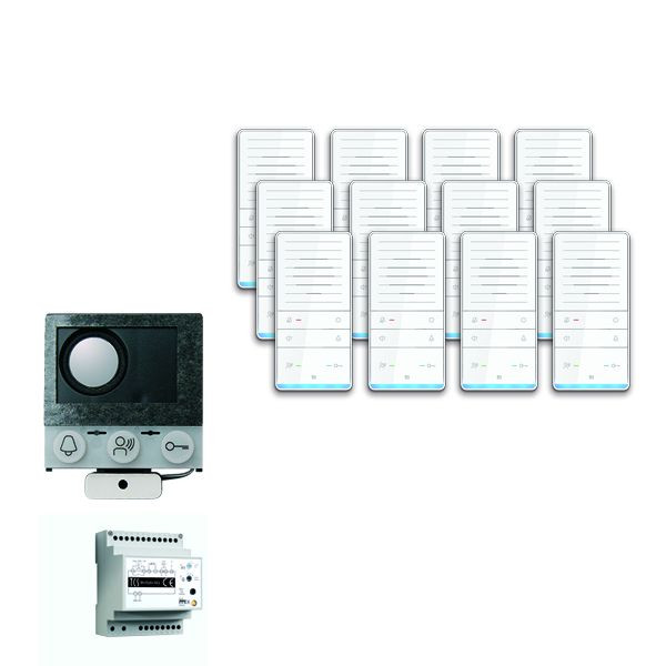TCS dörrkontrollsystem ljud: paketinstallation för 12 bostäder, med inbyggd högtalare ASI12000, 12x handsfree-högtalare ISW5031, styrenhet BVS20, PAIF120 / 002