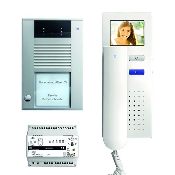 TCS dörrstyrsystem video: pack AP för 1 bostadsenhet, med ytterdörrstation AVD 1 klockknapp, 1x videodörrstelefon IVH3222, kontroll, PVE1510-0010