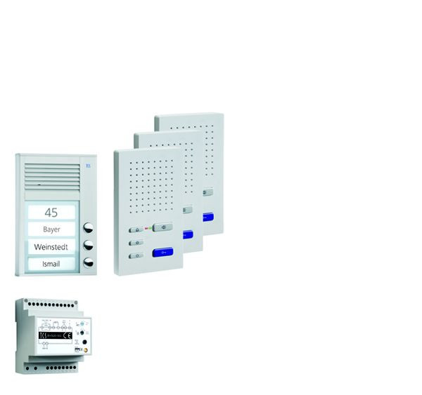 Ljud från TCS dörrkontrollsystem: paket AP för 3 bostäder, med utomhusstation PAK 3 klockknappar, 3x handsfree högtalare ISW3030, styrenhet BVS20, PPAF03-EN / 02
