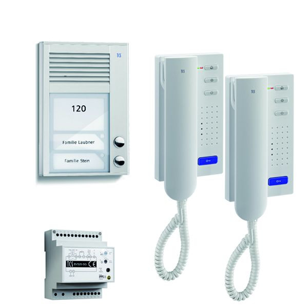 Ljud från TCS dörrkontrollsystem: paket AP för 2 bostäder, med PAK utomhusstation, 2 klockknappar AP, 2x dörrtelefon ISH3130, styrenhet BVS20, PSC2120-0000