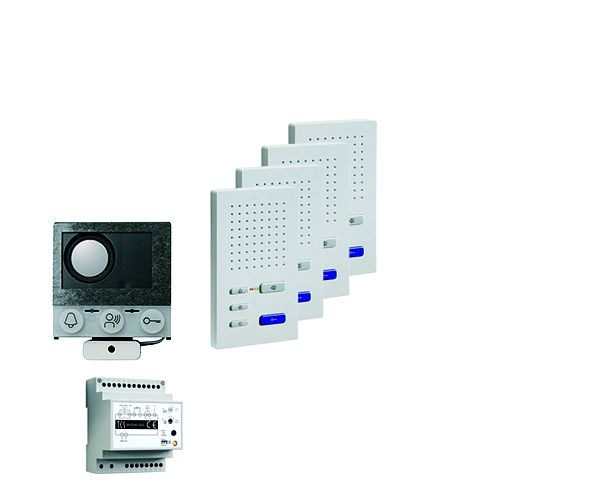 TCS audio:pack installation för 4 bostäder, med inbyggd högtalare ASI12000 + 4x handsfree högtalare ISW3030 + kontrollenhet BVS20, PAIF040/004