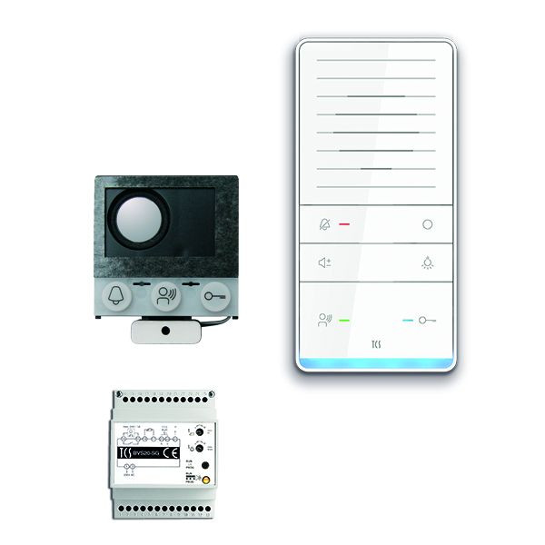 TCS dörrkontrollsystem audio:pack installation för 1 bostadsenhet, med inbyggd högtalare ASI12000, 1x handsfree-högtalare ISW5031, kontrollenhet BVS20, PAIF010/002