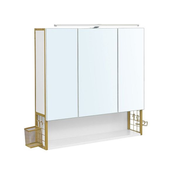 VASAGLE 3-dörrars badrumsspegelskåp med belysning och höj- och sänkbar hylla, guld, BBK124A10