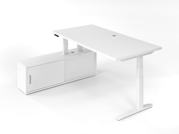 Hammerbacher sitt-ståbord + skänk vit/vit, C-fotsram vit, aluminiumlöpare vit, VXBHM2C/WW/WW