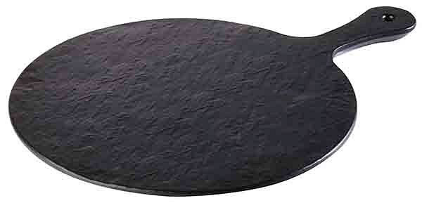 APS bricka -SKIFFER-ROCK-, Ø 30 cm, höjd: 1,5 cm, melamin, svart, skifferlook, strukturerad yta, handtag: 12 cm, 84257