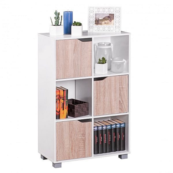 Wohnling Design bokhylla SAMO Modern trävit med Sonoma ekdörrar, fristående 6 fack 60 x 90 x 30 cm, WL1.796