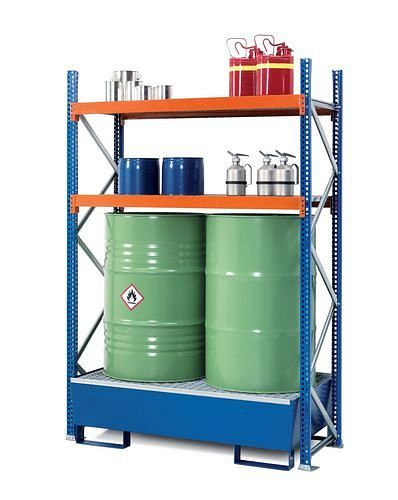 DENIOS fat- och liten containerställ GRS 1250, lackerad uppsamlingsbricka, 2 gallerhyllor, tilläggsenhet, 201-816