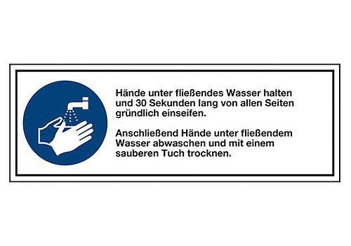 DENIOS kombinationsskylt "Tvätta händerna ordentligt", ISO 7010, folie 140 x 50 mm, 273-294