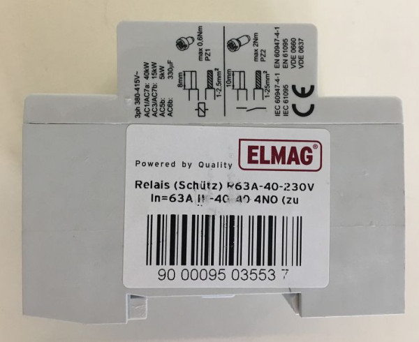 ELMAG relä (kontaktor) R40A-40-230V 4P, In=40A IK-40-40 4NO (för ISO-övervakning), 9503377
