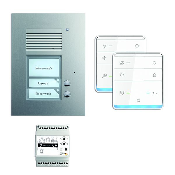 Ljud från TCS dörrkontrollsystem: paket AP för 2 bostäder, med utomhusstation PUK 2 klockknappar, 2x handsfree högtalare ISW5010, styrenhet BVS20, PSU2320-0000