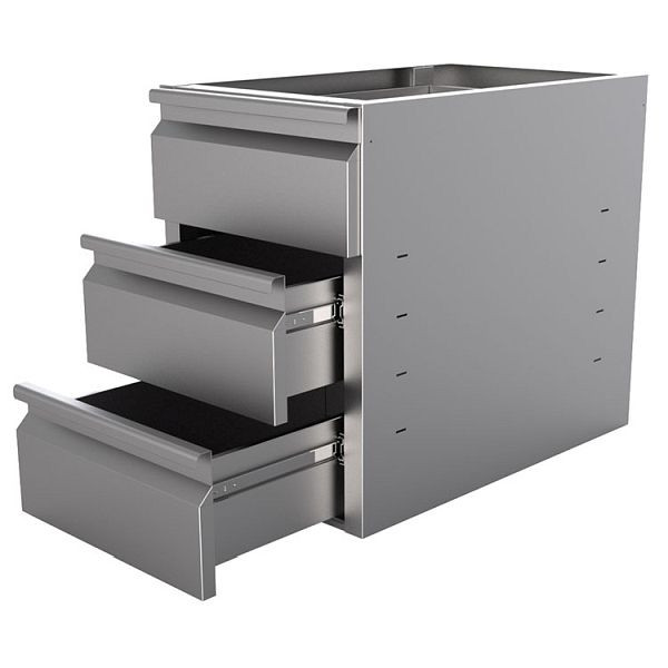 Gastro-Inox lådskåp i rostfritt stål med 3 lådor - underbyggnadsmodul, 400x680x550mm, lämplig för bord med 70 cm djup, 301.704