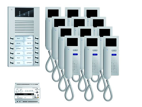 TCS dörrstyrsystem video: pack AP för 12 bostäder, med ytterdörrstation AVE 12 klockknappar, 12x videodörrstelefon IVH3222, kontroll, PVE15120-0010