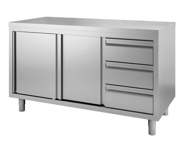 Gastro-Inox arbetsskåp i rostfritt stål med karuselldörrar och 3 lådor, 1000(L)x700(D)x880(H) mm, 302.341