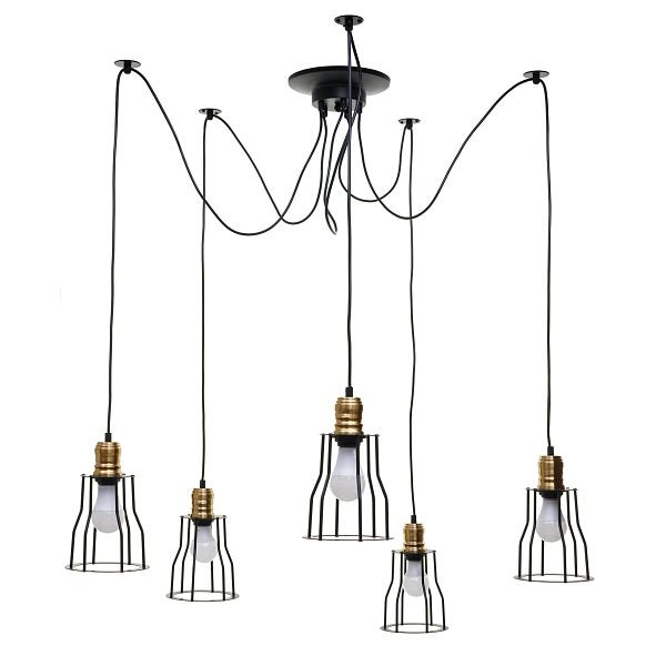 Mendler taklampa HWC-H81, hänglampa hängande lampa, industriell metall höjdjusterbar svart, 5x bur lampskärm, 74190