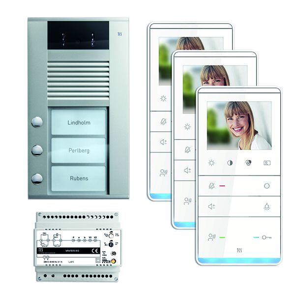 TCS dörrkontrollsystem video: pack AP för 3 bostäder, med ytterdörrstation AVD 3 klockknappar, 3x video handsfree högtalare IVW5111, kontroll, PVE16030-0010