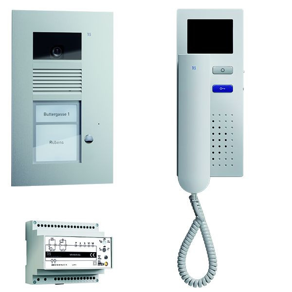 TCS dörrstyrsystem video: pack AP 1 bostadsenhet, med ytterdörrstation AVU 1 klockknapp, 1x videodörrstelefon IVH3222, styrenhet VBVS05, PVU1610-0010