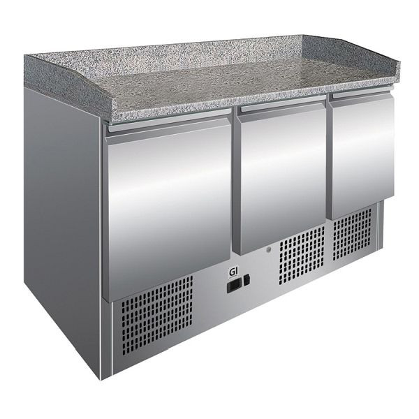Gastro-Inox kyldisk i rostfritt stål med 3 dörrar och bänkskiva i marmor, forcerad luftkylning, nettovolym 400 liter, 202.008