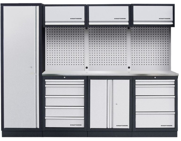 Kraftwerk MOBILIO 4-elements verkstadsskåpsystem med rostsäker INOX bänkskiva, med fyrkantig perforerad vägg, 3964BIX