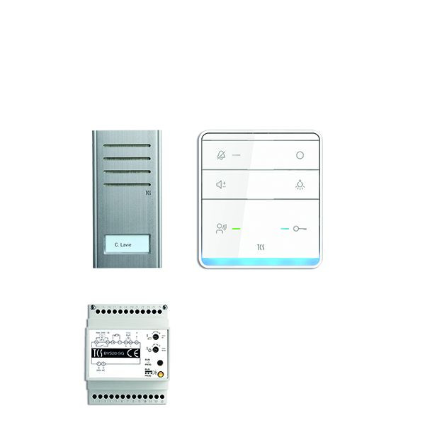Ljud från TCS-dörrkontrollsystem: paket AP för 1 bostadsenhet, med utomhusstation ASX 1-knapp, 1x handsfree-högtalare ISW5010, styrenhet BVS20, PSX2310-0000