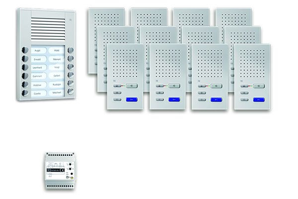 Ljud från TCS dörrkontrollsystem: paket AP för 12 bostäder, med utomhusstation PES 12 klockknappar, 12x handsfree högtalare ISW3030, styrenhet, PPAF12-EN / 02