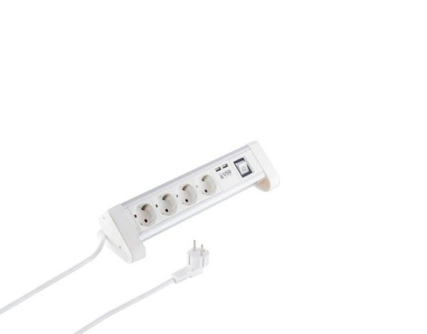 Helos bordsuttagslist DESK 4-vägs, USB-laddare vit, 1,5m, med strömbrytare, 60317-W