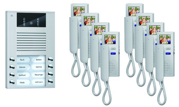 TCS dörrkontrollsystem video: pack AP för 8 bostäder, med ytterdörrstation AVE 8 klockknappar, 8x videodörrstelefon IVH3222, kontroll, PVE1580-0010