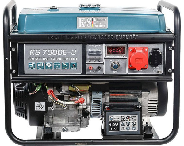 Könner & Söhnen 5500W bensin E-start elgenerator, 1x16A(230V)/1x16A(400V), 12V, voltregulator, lågoljeskydd, överspänningsskydd, display, KS 7000E-3