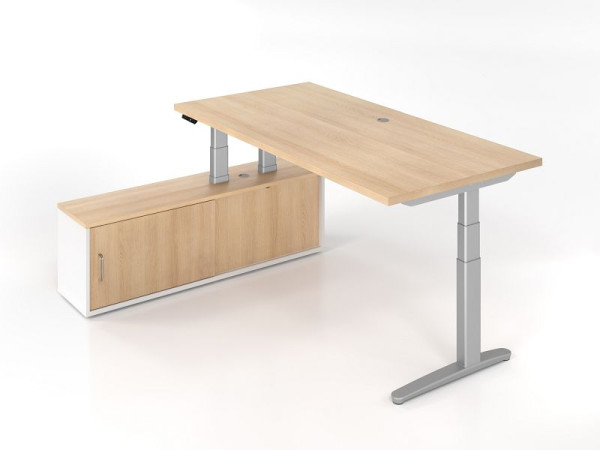 Hammerbacher sitt-stå bord + skänk ek/silver, C-fotsram silver, aluminium löpare silver, VXBHM2C/EW/SS