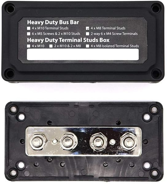 Offgridtec BusBar Box 4 x M8 anslutningsbultar inklusive lock och fästskruvar svart, 8-01-012830