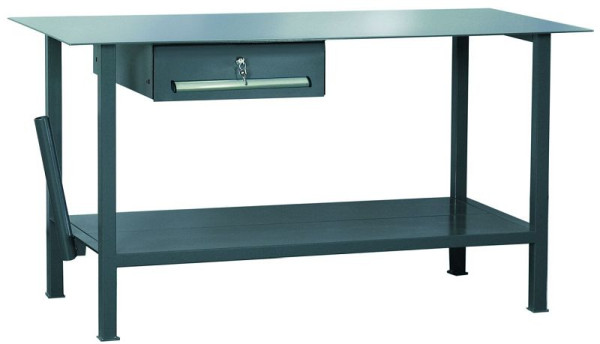 KLW svetsbord, 1500 x 700 x 855 mm, med bänkskiva av 5 mm tjock stålplåt, 1 stålplåtslåda FH, WPS04N-1500-001