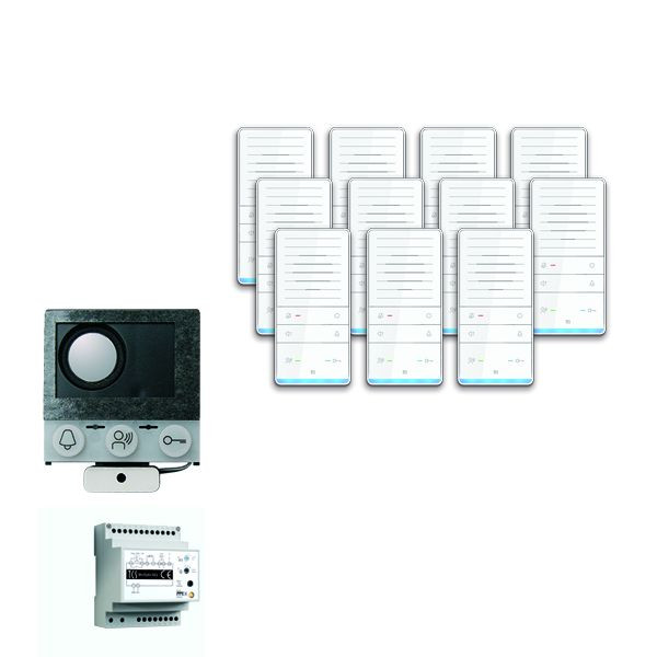 TCS dörrkontrollsystem ljud: paketinstallation för 11 bostäder, med inbyggd högtalare ASI12000, 11x handsfree-högtalare ISW5031, styrenhet BVS20, PAIF110 / 002