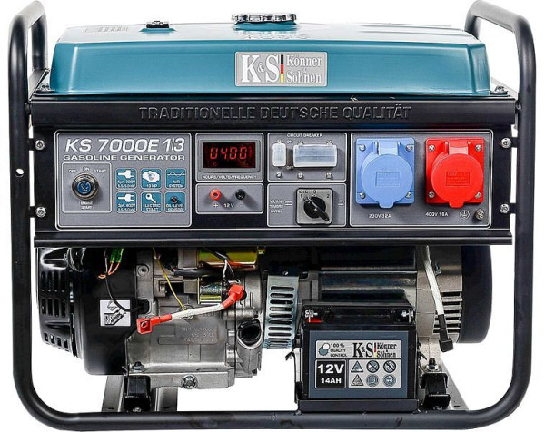 Könner & Söhnen 5500W bensin E-start elgenerator, 1x32A(230V)/1x16A(400V), 12V, voltregulator, lågoljeskydd, överspänningsskydd, display, KS 7000E-1/3
