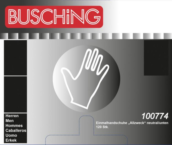 Busching engångshandskar "all-purpose", färglösa, borttagning från botten, 1 x dispenserlåda (120 st), förpackning: 10 stycken, 100774