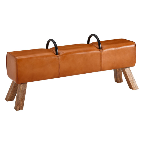 Wohnling bänk äkta läder / massivt trä 133x60,5x34 cm läder modern gymnastikbock, springbock läderpall med handtag, pall gymnastikbänk vadderad, WL6.594