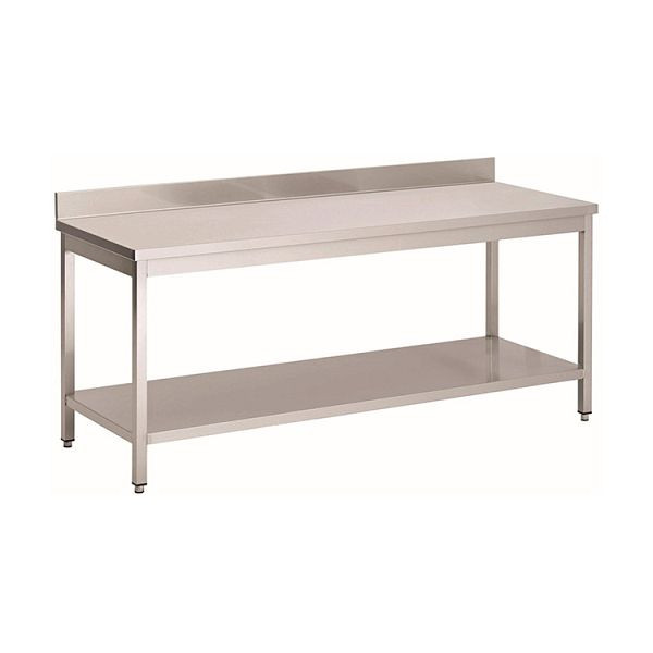 Gastro-Inox rostfritt stål AISI 430 arbetsbord med bottenhylla och uppstånd, 1600x700x850mm, förstärkt med 18mm tjock belagd spånskiva, 301.125