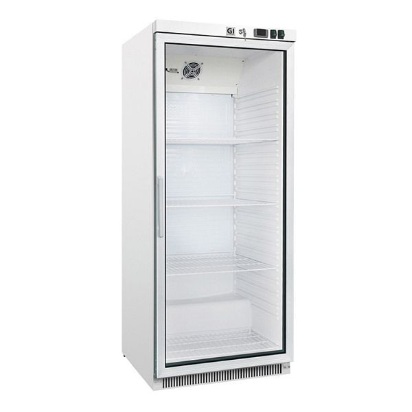 Gastro-inox-kylskåp i vitt stål med glasdörr 600 liter, statiskt kyld med fläkt, nettovolym 580 liter, 204.004