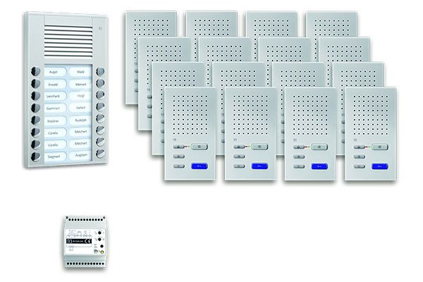 Ljud från TCS dörrkontrollsystem: paket AP för 16 bostäder, med utomhusstation PES 16 klockknappar, 16x handsfree högtalare ISW3030, styrenhet, PPAF16-EN / 02