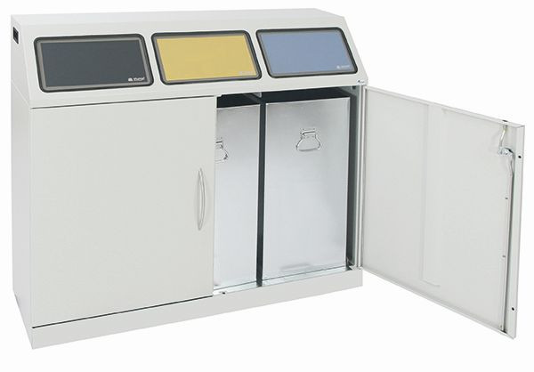 trubbig avfallssortering Flex-M-3-faldig uppsamlingsstation med innerbehållare och fotspak, ProPads i blått, gult och antracit, 660-075-3-2-735